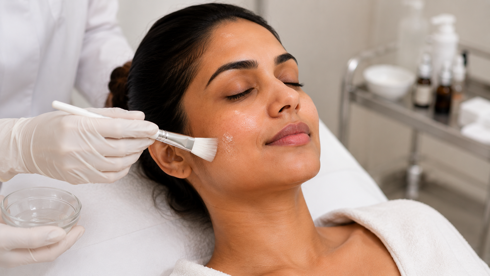Chemical peel Glow Peel treatment being applied at ORA Skin & Hair Clinics, Kondapur, Hyderabad